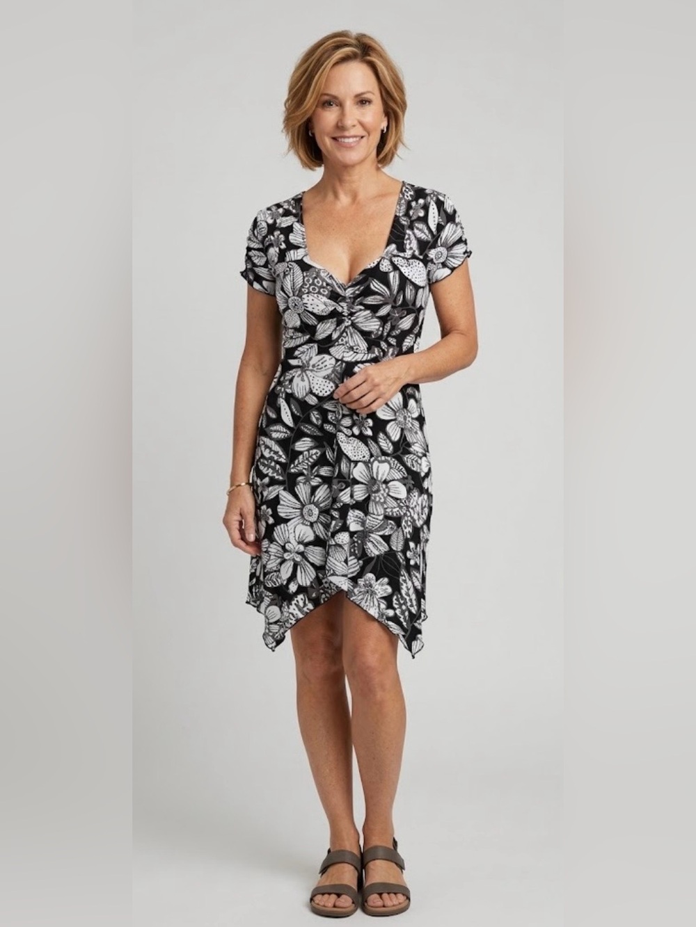 Long Elegant Legs Ruched Floral Midi Dress Boho Size Large